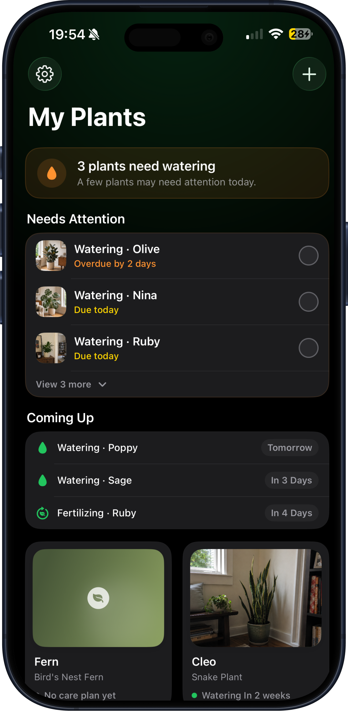Florie My Plants screen showing watering reminders and upcoming plant care